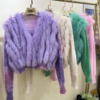 2023 Осенне-зимний женский короткий свитер с меховой травой, универсальный по темпераменту, вязаный свитер, кардиган, шуба