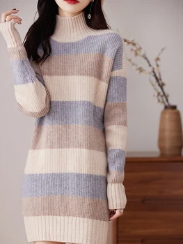 2023, Осень-Зима, новое женское модное платье, теплый свитер из 100% шерсти, вязаный пуловер с длинным рукавом, женские повседневные платья в полоску