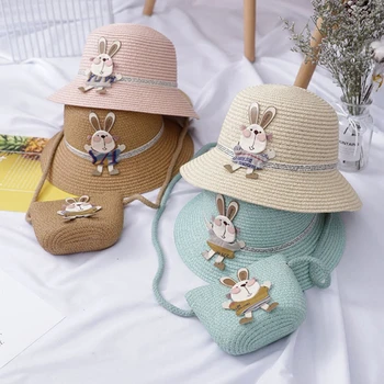 2024 Новая Детская Летняя Соломенная шляпа для девочек, Детская Шапочка с Кроликом, Солнцезащитная шляпа, сумка через плечо, Сумка