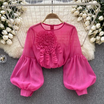 ALPHALMODA Рубашка с длинным рукавом в стиле ретро в дворцовом стиле, женская летняя модная прозрачная рубашка с 3D цветочным рисунком