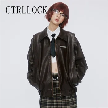 CTRLLOCK, Свободная шикарная куртка из искусственной кожи с длинным рукавом, Женские куртки с отложным воротником, Уличная одежда