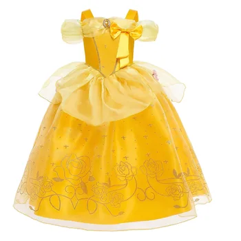 Disney Girl Belle Наряжается в детский праздничный костюм принцессы с цветочным рисунком, детская Красавица-Чудовище, Карнавальный наряд на Хэллоуин