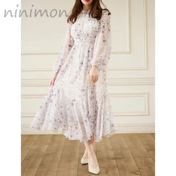 NINIMON Весеннее платье с цветочным рисунком Повседневные вечерние Элегантные шифоновые платья с принтом, O-образный вырез, длинный рукав, Трапециевидное длинное платье Миди, плиссированное