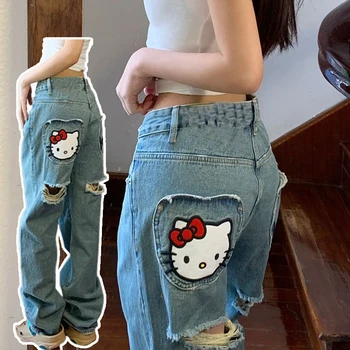 Sanrio Hello Kitty Harajuku Y2k, Женские джинсовые брюки, Модная уличная одежда с высокой талией, Ретро-брюки с вышивкой в стиле хип-хоп, Широкие брюки