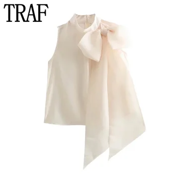 TRAF 2024 Укороченный топ без рукавов с бантом, женские полупрозрачные блузки с высоким воротом, женские модные Элегантные и молодежные женские блузки