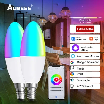 Tuya Zigbee Smart Candle Light E14 RGB + CCT 100-240 В 5 Вт Светодиодная Лампа с Регулируемой Яркостью Голосовое Управление Работа С Alexa Google Home Яндекс