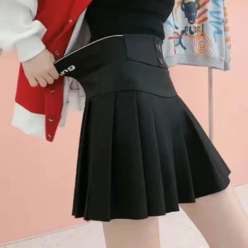 Y2K эластичный высокой талией плиссированные мини-юбки для женщин Харадзюку кнопку напечатанная письмом линией мода корейский опрятный повседневная юбка
