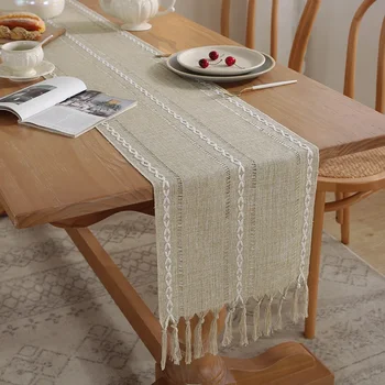 Американский кантри-стиль элегантный белый столик флаг японского хлопка и льна, скатерть ручной работы кисточкой чайный стол бегунок