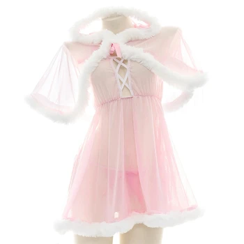 Аниме-сказочная девушка, Розовое платье-накидка с капюшоном, костюм для косплея, Женская Сетчатая ночная рубашка с мехом, Пижама, униформа