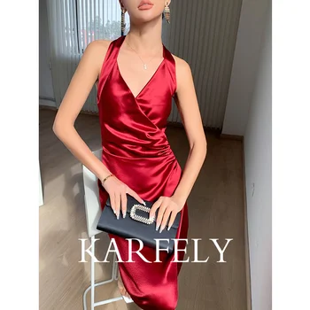 Атласное платье KARFELY / Triucetic Acid, сексуальный V-образный вырез, висячая шея, талия, обернутая уксусной кислотой, платье-слинг, Винно-красное Длинное платье