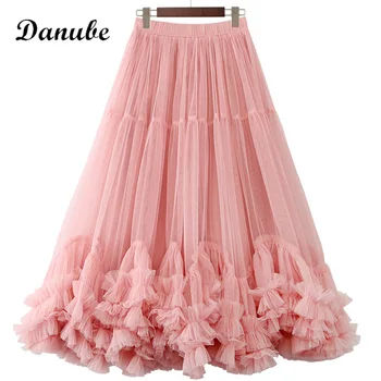 Винтажная элегантная фатиновая юбка-пачка с оборками, длинные юбки, женская летняя Корейская юбка с завышенной талией, трапециевидная сетчатая юбка для торта, повседневная плиссированная юбка для вечеринок