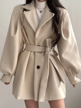 Винтажное шерстяное пальто, женское осенне-зимнее пальто с отворотом и рукавом-фонариком, женское корейское модное элегантное бандажное пальто в стиле Хепберн