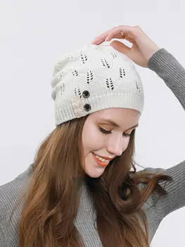 Вязаная теплая шапка с кружевными пуговицами в виде полых листьев, женский пуловер, берет, шапка