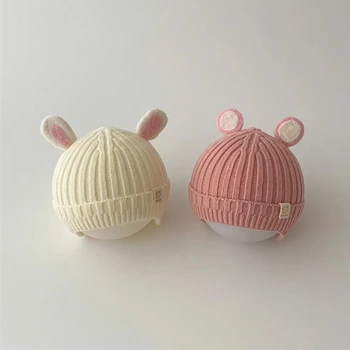 Вязаная шапка с ушками мультяшного животного для маленьких мальчиков и девочек, теплые детские шапочки-бини