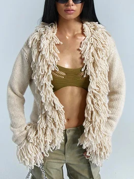 Вязаный свитер для женщин Кардиган с кисточками, открытый спереди, длинный рукав, осенне-зимняя куртка большого размера с карманами