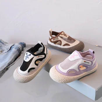 Детская парусиновая обувь 2023, Летняя Новая Корейская обувь с дышащей сеткой, повседневная обувь с мягкой подошвой для малышей, нескользящая при ходьбе,