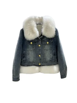 Джинсовая куртка с лацканами, короткая, свободного покроя, однобортный дизайн, однотонная, теплая и удобная, новинка зимы 2023 года 1211 г.