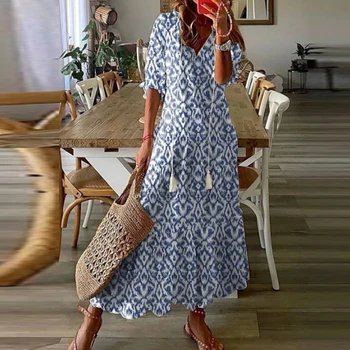 Длинное платье с V-образным вырезом и кисточками в стиле Бохо, 2023, Весеннее плиссированное вечернее платье Макси с цветочным принтом, Женское летнее платье с кружевными рукавами с вышивкой,