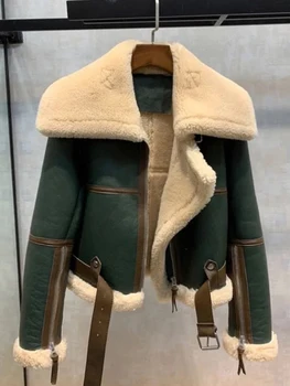 Женская куртка 2023, Зимняя одежда, Зеленая Мотоциклетная одежда с отстрочкой из искусственной кожи, короткое пальто, винтажная уличная одежда с флокированием