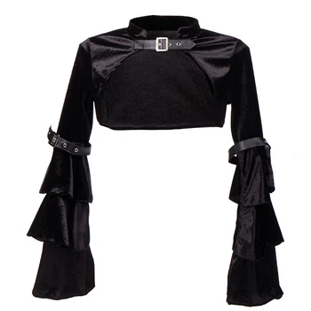 Женская куртка-корсет в стиле Стимпанк, Средневековое Викторианское Ретро, Готическое Черное Мини-пальто с длинными рукавами, Болеро с распущенными плечами.