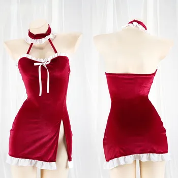 Женская Рождественская сексуальная пижама, ярко-красное платье-комбинация для девочек, мягкий плюшевый костюм, Рождественский комплект женского нижнего белья для косплея, Униформа