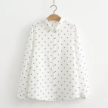 Женские рубашки в горошек, блузки из 100% хлопчатобумажной пряжи, осенняя одежда в белый горошек с длинным рукавом, Корейские женские топы