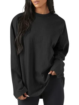 Женские футболки с круглым вырезом, базовые топы с длинным рукавом, однотонные блузки оверсайз, блузки с открытыми плечами