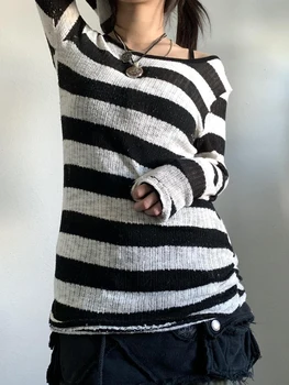 Женский свитер в черно-белую полоску, вязаные джемперы с длинными рукавами, топы, футболки в стиле ретро, готическая эстетика, рубашка