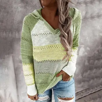 Женский свободный свитер в полоску с цветными блоками, толстовка в стиле пэчворк, уютный вязаный женский осенне-зимний свитер с эластичным V-образным вырезом на завязках