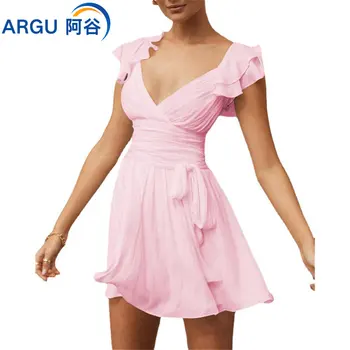 Женское Сексуальное Элегантное Мини-короткое платье с Глубоким V-образным вырезом Для девочек, Корейское Вечернее платье, Летнее Вечернее платье В стиле Бохо, Пляжное Однотонное платье y2k