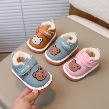 Зимняя детская хлопчатобумажная обувь для малышей 0-1-2 лет, обувь для малышей на мягкой подошве с бархатной подкладкой, противоскользящая.