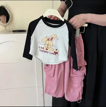 Комплекты детской одежды, топы с длинными рукавами и принтом кролика + брюки-карго, комплект детской одежды для девочек от 2 до 6 лет