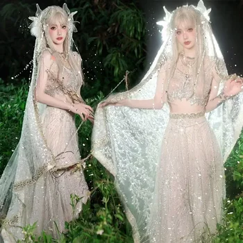 Косплей на Хэллоуин, костюм лесного эльфа с цветами, женская одежда, белое крылатое платье, одежда для сценического представления в аниме