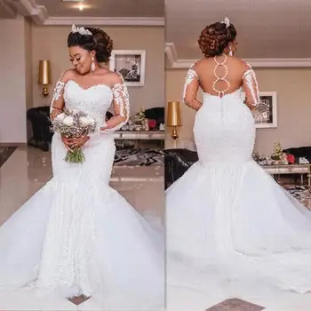 Кружевные свадебные платья с аппликацией, Элегантное белое платье с бисером в виде русалки, сшитое на заказ