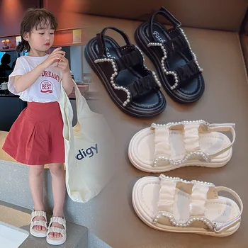 Летние сандалии принцессы с бисером для девочек, обувь 2023, детская обувь, детские сандалии на плоской подошве, детская пляжная обувь 4 размера для 9 лет
