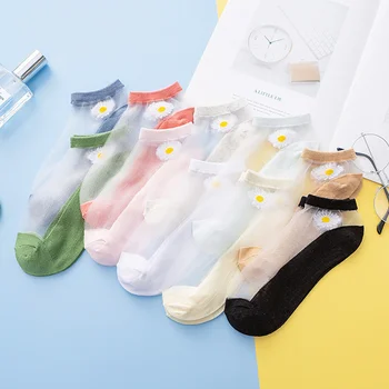 Летние тонкие сетчатые носки с вышивкой в виде японской маргаритки Для студенток, милые Дышащие прозрачные повседневные носки до щиколотки