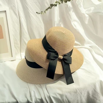 Летняя пляжная шляпа для родителей и детей, женская повседневная панама, женская брендовая женская соломенная шляпа с плоскими полями и бантом, солнцезащитная шляпа для девочек