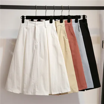 Летняя юбка миди из 100% хлопка, женская мода 2020 года, Корейская школьная юбка-трапеция с карманами, Черная, Белая юбка с высокой талией, женская