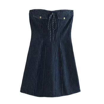 Лето 2023, Новый женский джинсовый топ в полоску, короткое стильное платье с прямым воротником, без рукавов, сексуальная мини-юбка с открытыми плечами и бантом.