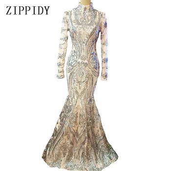 Модное длинное платье с яркими блестками, камнями, прозрачной сеткой, женское праздничное шоу Певицы, модный костюм, платье для ночного клуба