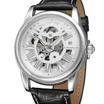 Модные повседневные мужские деловые часы FOESINING с полым креативным дизайном, белый циферблат, серебряный корпус, черный кожаный ремешок, мужские часы
