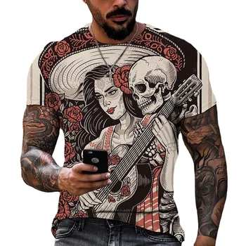Мужская футболка Electro Skull, летняя уличная одежда в стиле панк, повседневные футболки с коротким рукавом, модная фестивальная одежда, свободный пуловер Оверсайз