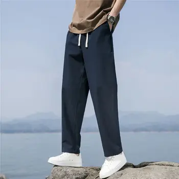 Мужские хлопчатобумажные брюки из мягкого льна, Модные повседневные брюки, Летние Тонкие однотонные дышащие Свободные прямые брюки, уличная одежда