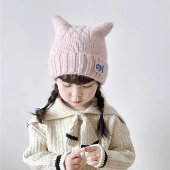 Новая зимняя детская шапка для девочек, корейский стиль, однотонная, утолщенная, теплая вязаная шерстяная шапка для мальчиков и девочек