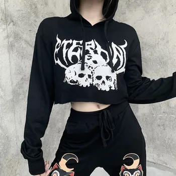 Новая толстовка Black Goth 2021 с принтом демона в стиле Харадзюку, Готические толстовки, Женские пуловеры, Уличная одежда в стиле панк, укороченный капюшон с длинным рукавом