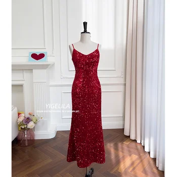 Новейшая мода 2023 года, сексуальные тонкие вечерние платья для коктейлей, без рукавов, с V-образным вырезом, средней длины, Элегантное летнее женское красное платье