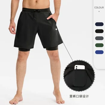 Новые мужские эластичные спортивные шорты quick dry stretch Lulu basketball running, двухслойные спортивные штаны с двумя карманами
