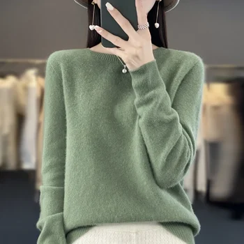 Новый кашемировый свитер, женский осенне-зимний свитер из 100% мериносовой шерсти, модный осенний теплый пуловер с круглым вырезом, топ