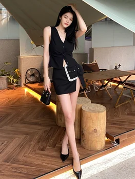 Новый стиль летней одежды, Высокая Талия, Нерегулярный Подол, Однотонная черная мини-юбка в стиле Пэчворк с бриллиантами для женщин