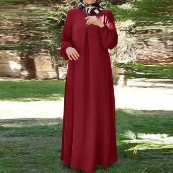 Платья для мусульманок Осеннее элегантное свободное однотонное длинное платье Eid Robe Abaya Muslim Dress Women